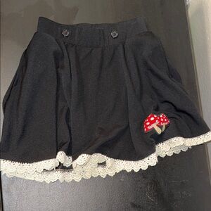 Black A-Line Skirt with Lace Trim and Mushroom Patch